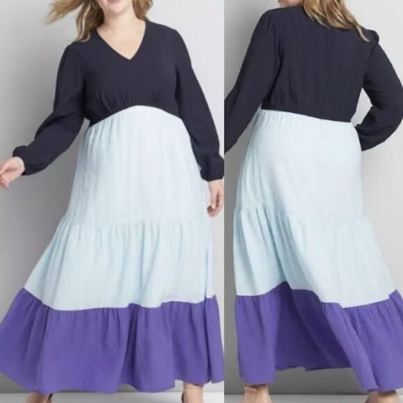 Lane Bryant Tiered Crepe Maxi Dress Blue Colorblock Long Sleeves v neck 20P - Picture 1 of 12